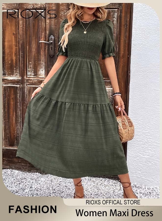 RIOXS Women Casual Maxi Dress with Puff Sleeves, Flowy Elegant Dress, Chic High Waist A-line Dress, Long Dress with Flowing Layered Design and Ruffle Detail, Comfortable to Wear All Day  - Image 1