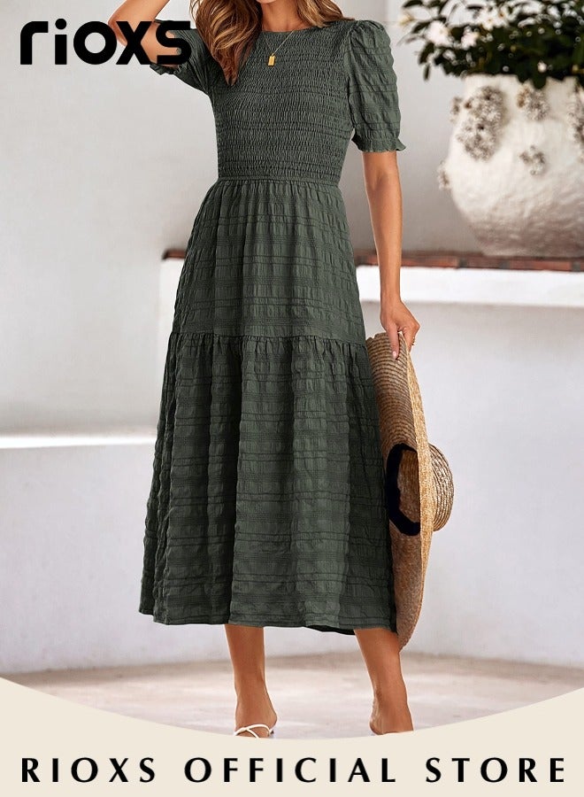 RIOXS Women Casual Maxi Dress with Puff Sleeves, Flowy Elegant Dress, Chic High Waist A-line Dress, Long Dress with Flowing Layered Design and Ruffle Detail, Comfortable to Wear All Day  - Image 2