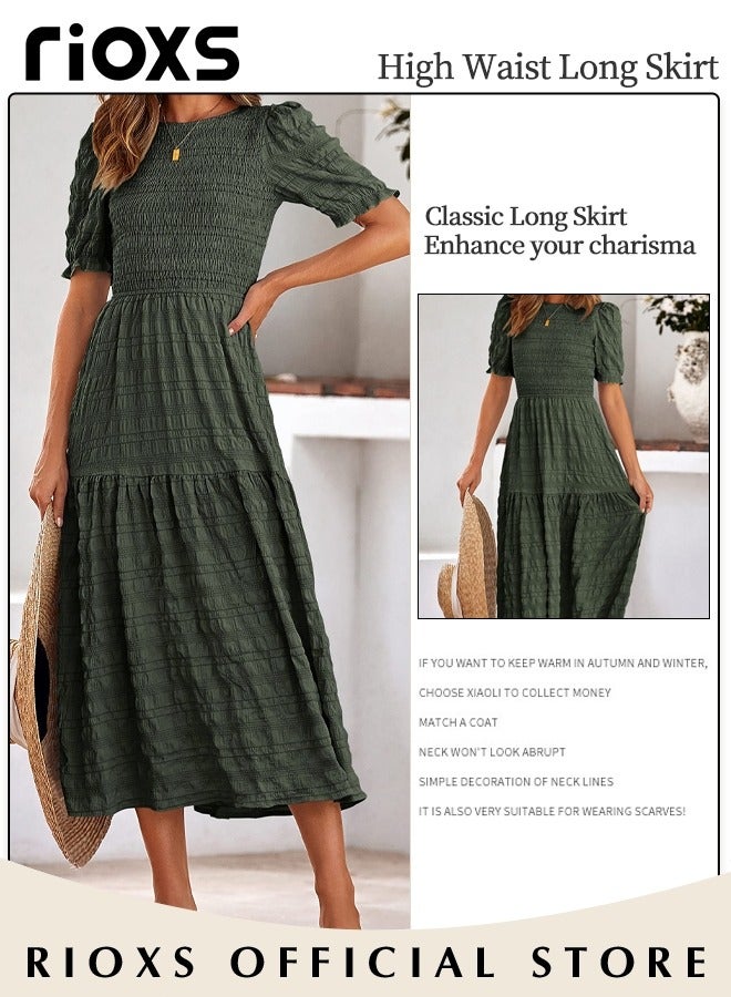 RIOXS Women Casual Maxi Dress with Puff Sleeves, Flowy Elegant Dress, Chic High Waist A-line Dress, Long Dress with Flowing Layered Design and Ruffle Detail, Comfortable to Wear All Day  - Image 5