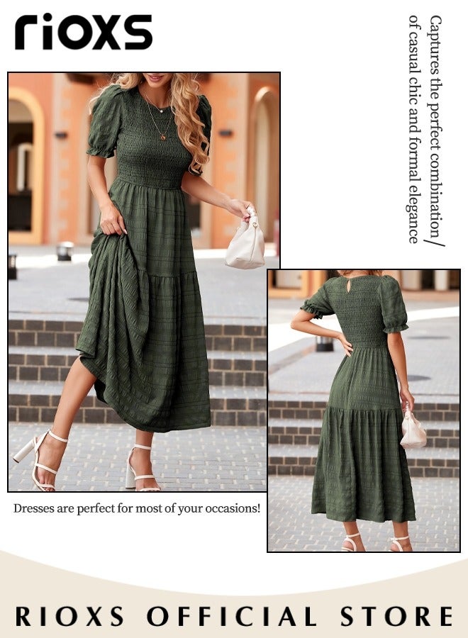 RIOXS Women Casual Maxi Dress with Puff Sleeves, Flowy Elegant Dress, Chic High Waist A-line Dress, Long Dress with Flowing Layered Design and Ruffle Detail, Comfortable to Wear All Day  - Image 3