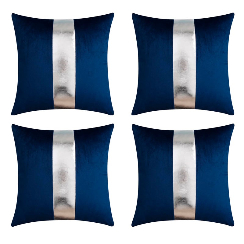 Gyulin Pack of 4,18x18 Inch Velvet Throw Pillow Covers with Silver Leather Striped Patchwork Stitching Modern Minimalist Square Pillowcase Cushion Covers for Bedroom Sofa Couch Living Room,Navy Blue