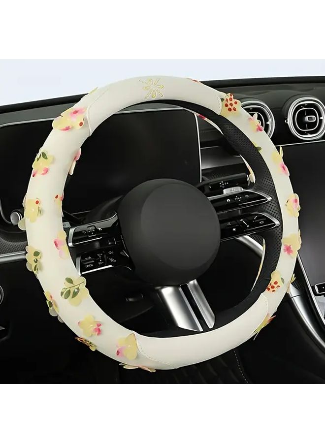 Ergonomic Breathable Car Steering Wheel Cover Soft Durable Fabric Universal Fit Most Vehicles Azure Blue Stylish Comfortable Grip Floral Pattern - Image 3