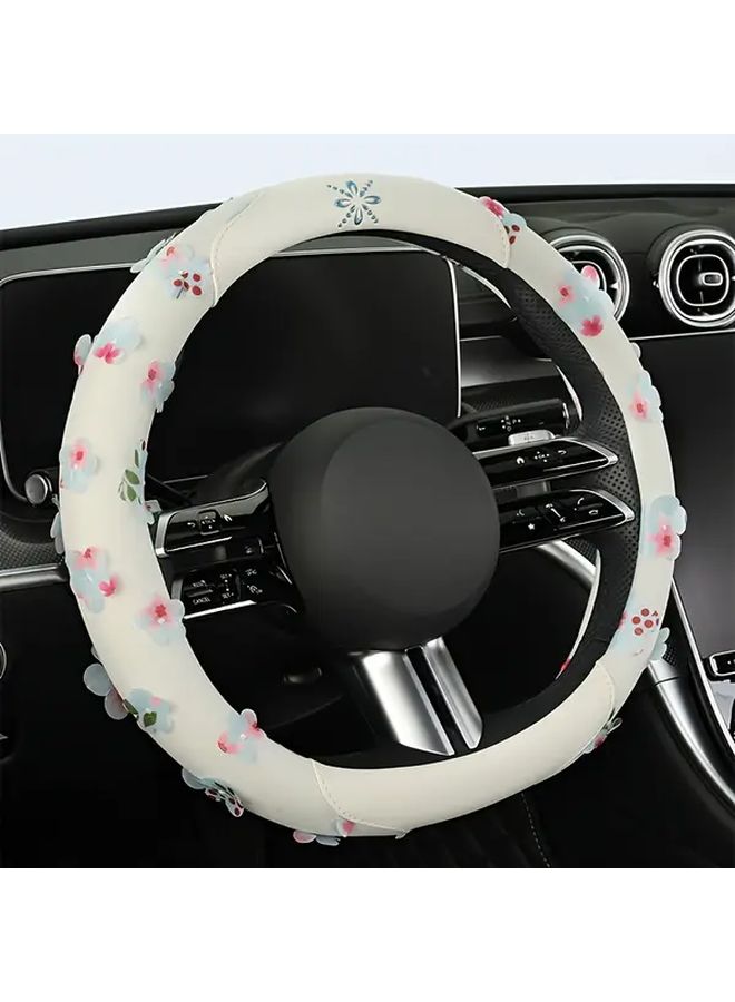 Ergonomic Breathable Car Steering Wheel Cover Soft Durable Fabric Universal Fit Most Vehicles Azure Blue Stylish Comfortable Grip Floral Pattern - Image 5