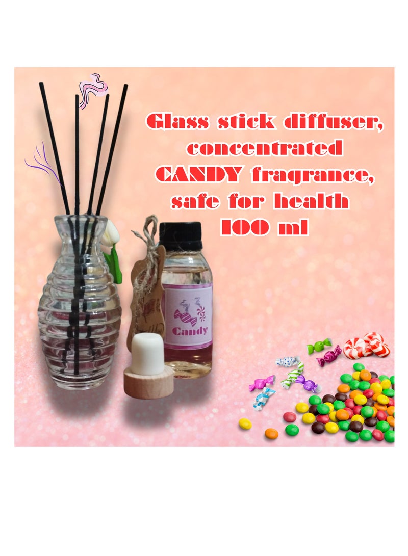 A stick diffuser in a clear, patterned glass vase with a distinctive candy scent, a distinctive color and fragrance, and a concentrated 100 ml fragrance - elegant decorative design and a long-lasting fragrance - ideal for gifts and special occasions.  - Image 1