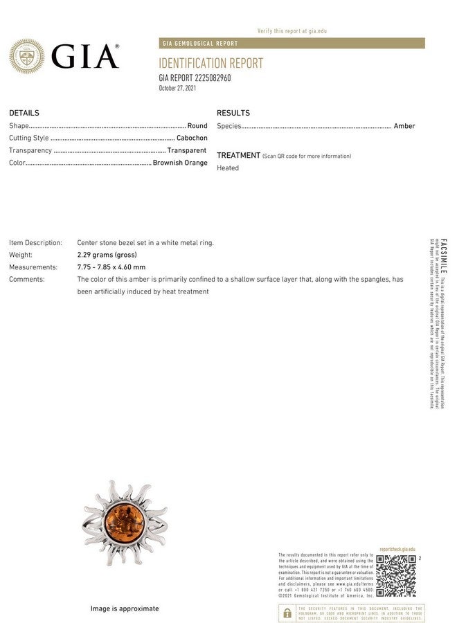 HolidayGiftShops Gia Certified Sterling Silver And Baltic Honey Amber Sun Adult Ring Size 8.5 - Image 3