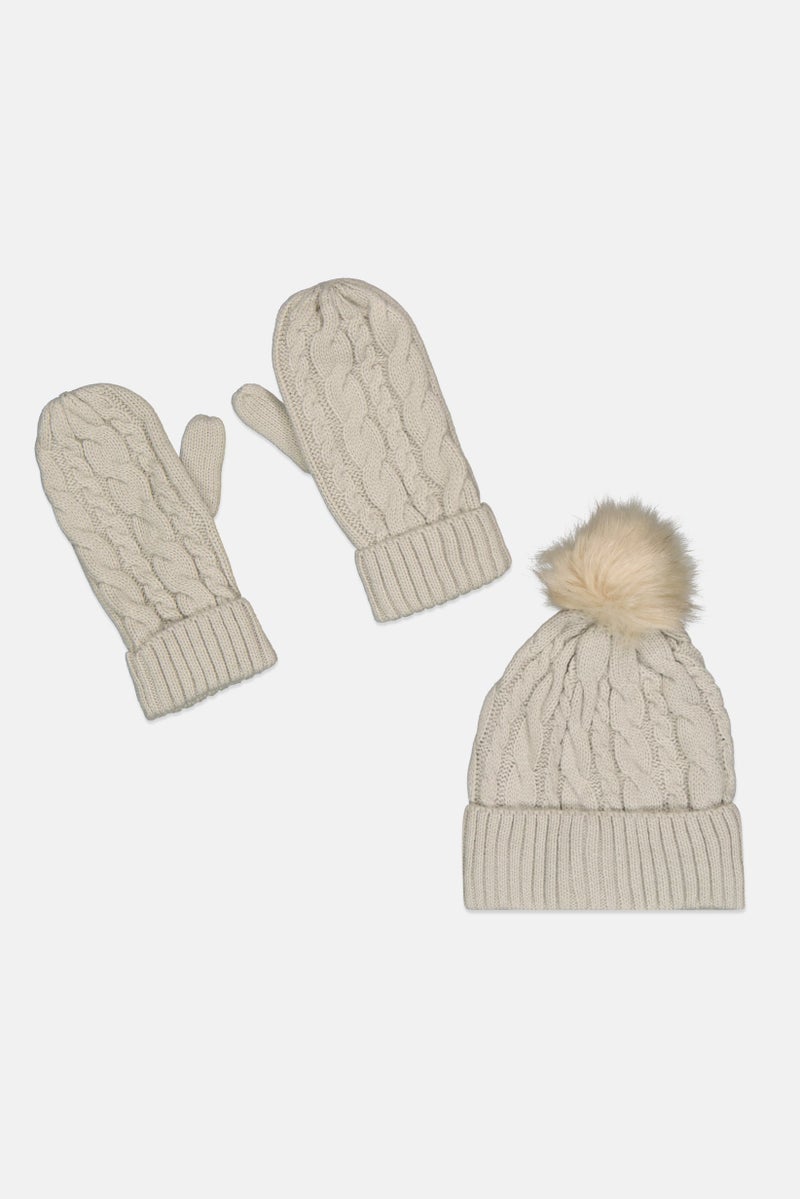 French Connection Women 2 Piece Textured Beanie With Gloves, Beige  - Image 1