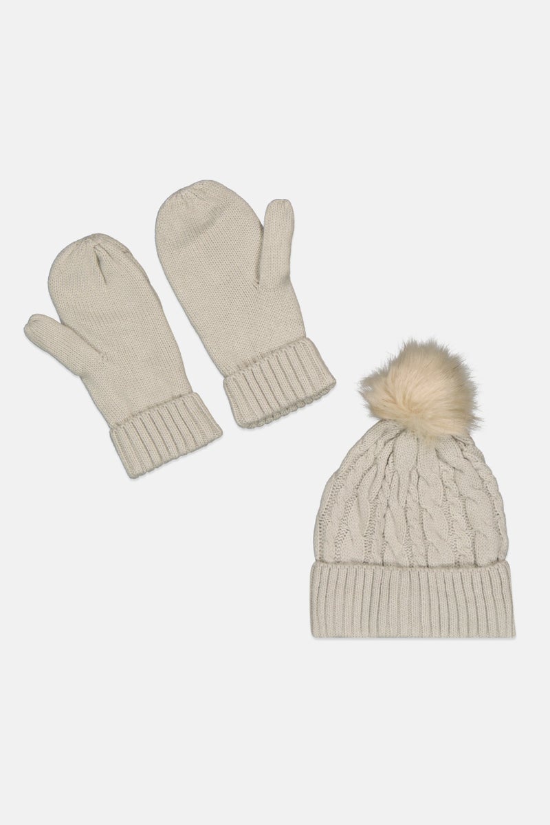 French Connection Women 2 Piece Textured Beanie With Gloves, Beige  - Image 2