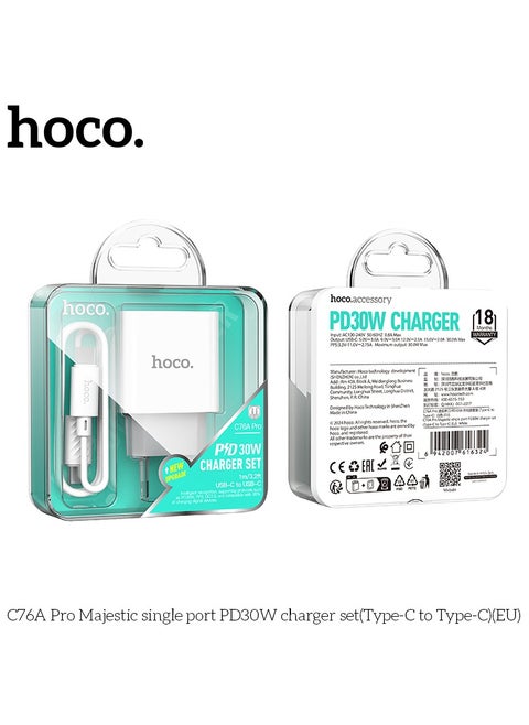 C76A Pro Majestic Single Port PD 30W Charger Set Type-C to Type-C Fast Charging, Compact Design EU Plug - White