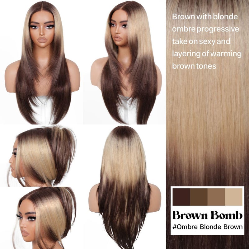 BrownBomb Ombre Blonde Brown Wear and Go Glueless Wigs Pre Plucked Pre Cut for Beginners Synthetic Lace Front Wigs With Bangs Long layered Straight Wigs With Dark Roots 26 Inch 3 Seconds to Wear - Image 3