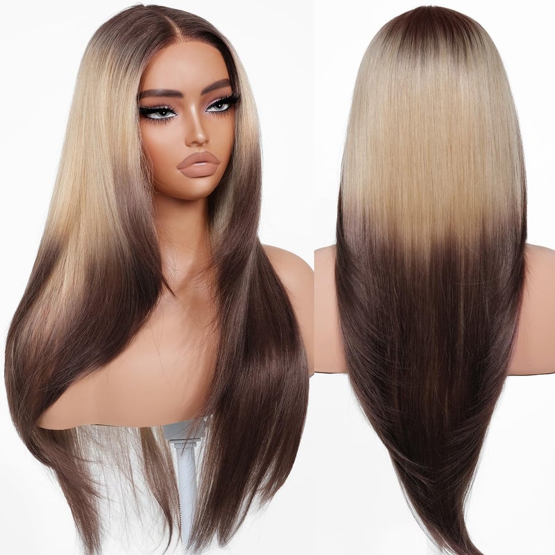 BrownBomb Ombre Blonde Brown Wear and Go Glueless Wigs Pre Plucked Pre Cut for Beginners Synthetic Lace Front Wigs With Bangs Long layered Straight Wigs With Dark Roots 26 Inch 3 Seconds to Wear - Image 1
