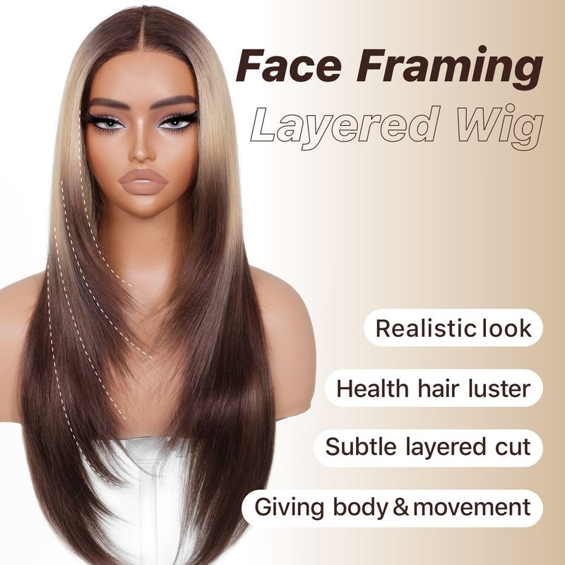 BrownBomb Ombre Blonde Brown Wear and Go Glueless Wigs Pre Plucked Pre Cut for Beginners Synthetic Lace Front Wigs With Bangs Long layered Straight Wigs With Dark Roots 26 Inch 3 Seconds to Wear - Image 2