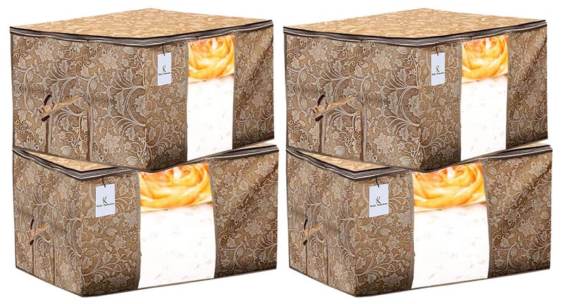 Kuber Industries Metalic Printed 4 Pieces Non Woven Fabric Underbed Storage Bag Cloth Organiser Blanket Cover with Transparent Window BeigeKUBMART2909 - Image 1