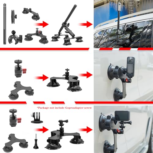 Taisioner Suction Car Mount for Camera Insta360 X5X4X3X2GO 3ONERS Compatible with Gopro Max 360 Outside Car Mount with 67 Invisible Selfie Stick 5 in 1 Suction Camera kit for Action Camera - Image 3