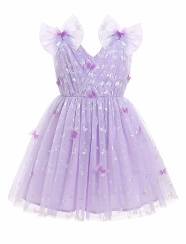 IMEKIS Toddler Tea Party Dress: Baby Butterfly Dress Flower Girl Wedding Guest Dress Fairy 9th 10th Birthday Outfit Smash Cake Photoshoot Kids Graduation Formal Pageant Tulle Tutu Purple 9-10 Years - Image 1