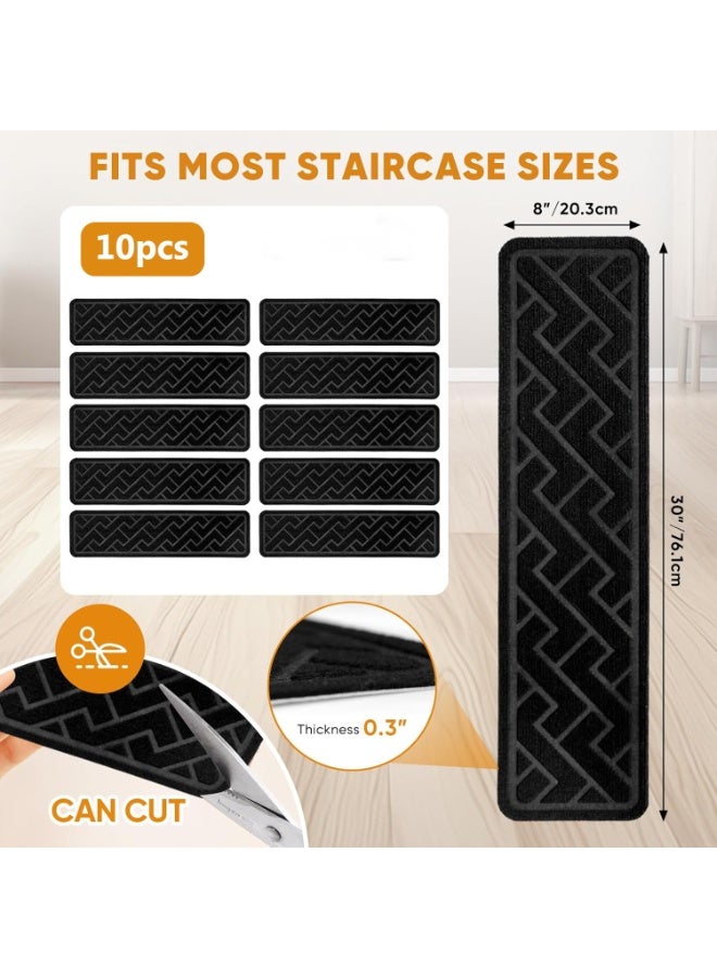Relex 10 Pack 8 "X 30" Non Slip Stair Treads for Wooden Steps, Carpet Stair Treads Made of Polyester and Reusable Adhesive, Stair Runner Rugs for Kids, Elders and Pets (Black) - Image 2