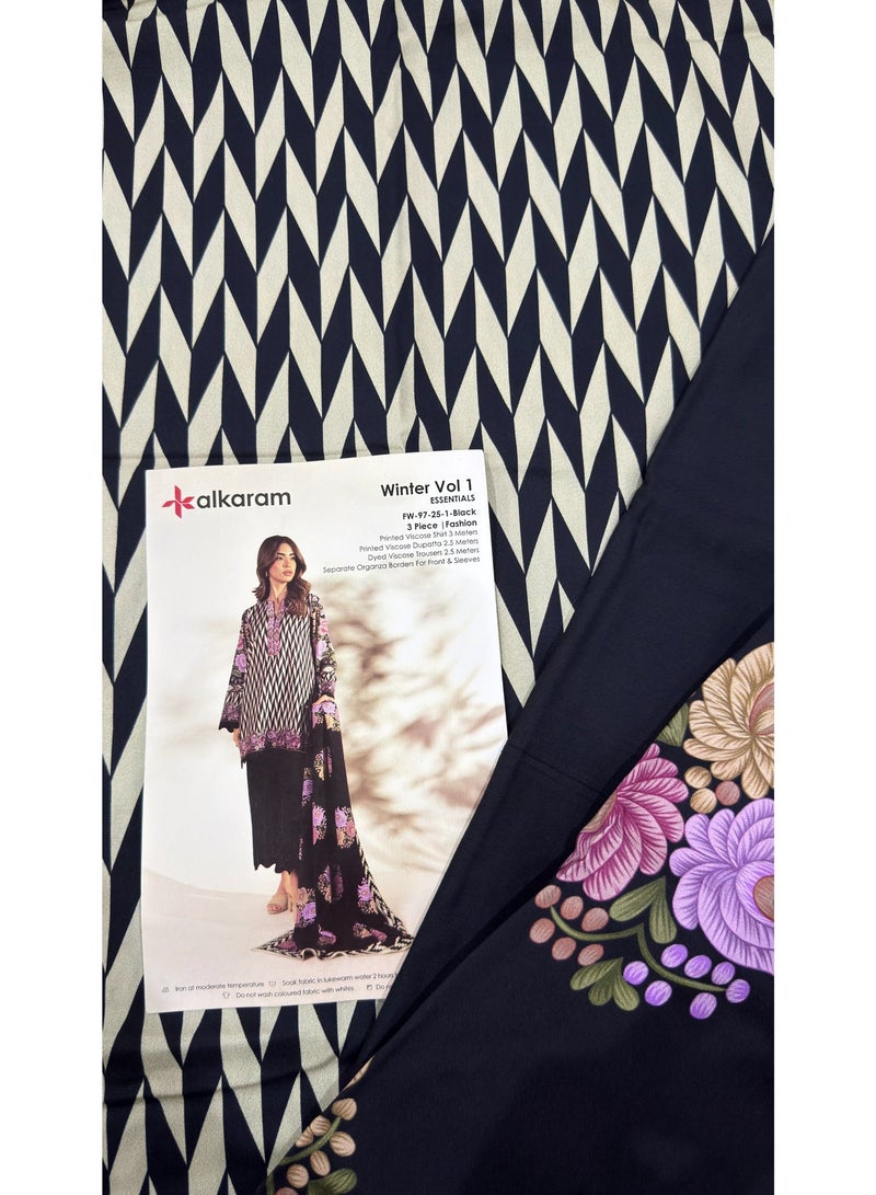 Alkaram Women's Black & Ivory Geometric Floral Print 3-Piece Unstitched shalwar kamez - Image 5