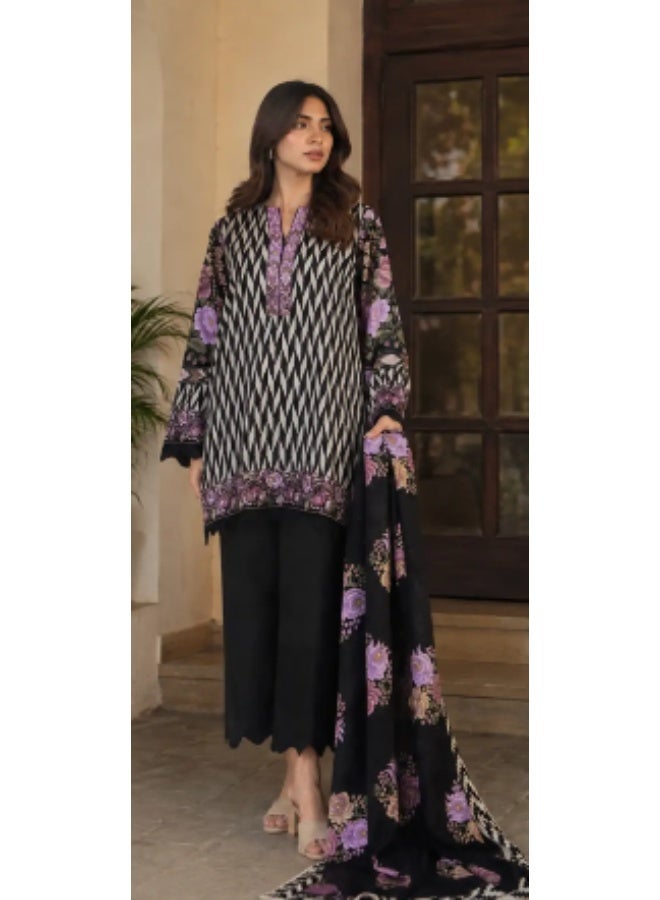Alkaram Women's Black & Ivory Geometric Floral Print 3-Piece Unstitched shalwar kamez - Image 1