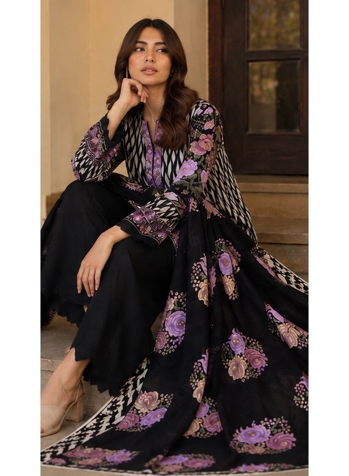 Alkaram Women's Black & Ivory Geometric Floral Print 3-Piece Unstitched shalwar kamez - Image 2