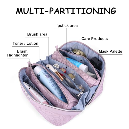 BOYATU Travel Makeup Bags Cosmetic Organizer Bag: 3-Set Large Capacity Make up Bag - PU Leather Toiletry Bags for Women - Wide Open Portable Pouch with Divider & Handle (01-Z-Light Purple) - Image 5