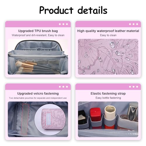 BOYATU Travel Makeup Bags Cosmetic Organizer Bag: 3-Set Large Capacity Make up Bag - PU Leather Toiletry Bags for Women - Wide Open Portable Pouch with Divider & Handle (01-Z-Light Purple) - Image 2