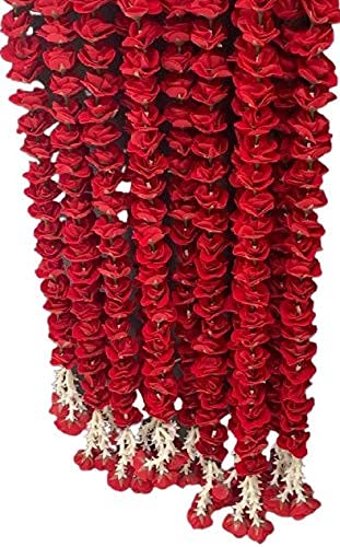 3A FEATURETAIL Artificial Red Roses Garland String, Red Velvet Rose Ladi, Garlands For Decoration Festival, Pongal, Diwali, Marriages, Mandir & Home/Office (5feet 4Pc Set, Fabric Red Roses Ladi) - Image 1