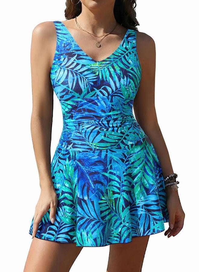 Yonique One Piece Swimsuits for Women Modest Tummy Control Swimdress Vintage Bathing Suits Skirt Swimwear, Green Leaves, M - Image 1