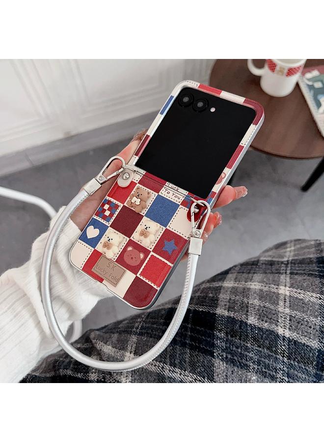 erorex Case For Motorola Razr 50 Ultra Lattice Little Bear Pattern Full Coverage Phone Case with Wrist Strap - Image 2