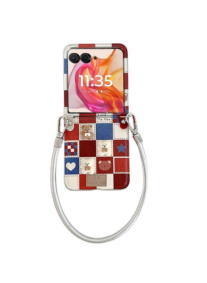 erorex Case For Motorola Razr 50 Ultra Lattice Little Bear Pattern Full Coverage Phone Case with Wrist Strap - Image 1