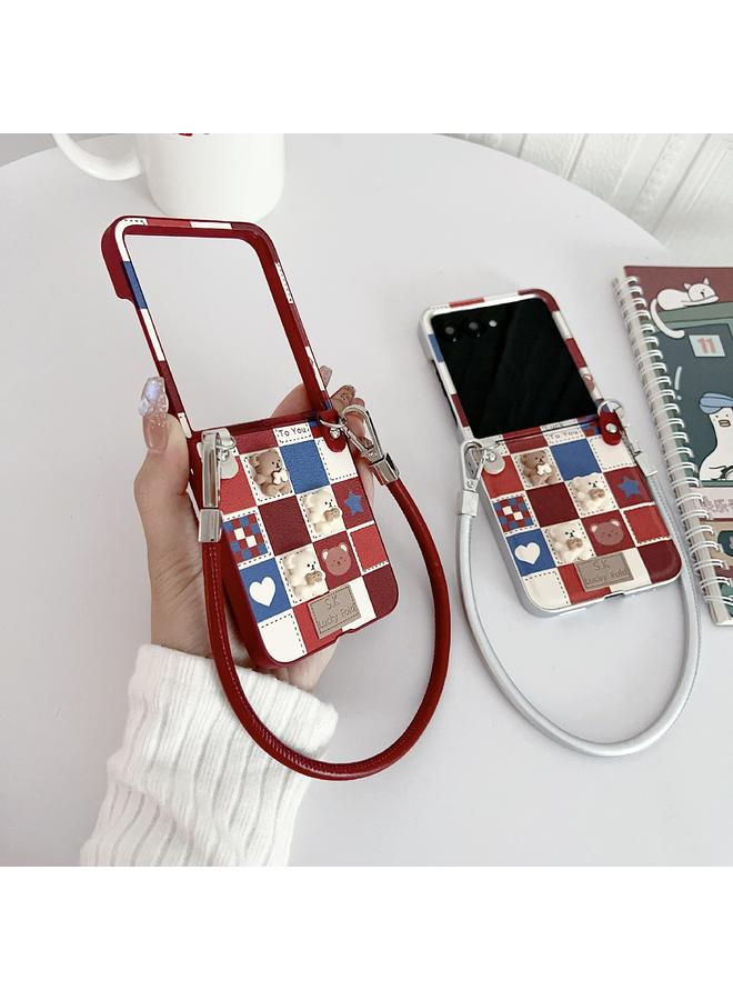 erorex Case For Motorola Razr 50 Ultra Lattice Little Bear Pattern Full Coverage Phone Case with Wrist Strap - Image 4