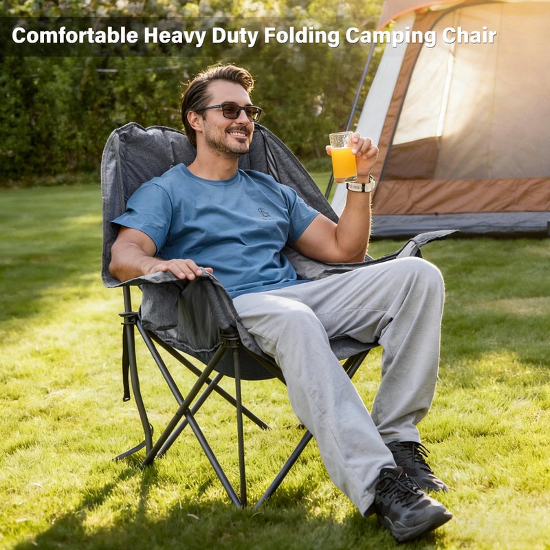 RELAX FIELD كرسي تخييم كبير من RELAX FIELD، كرسي قابل للطي مع وسادة وجيب جانبي، حامل أكواب، دعم قوي حتى 500 رطل، كرسي استرخاء خارجي للبالغين، صيد، رياضة، رحلة، رمادي - Image 3