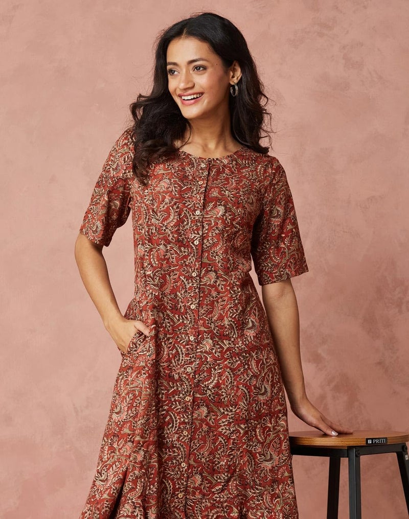 Fabindia Orange Cotton Kalamkari Printed Midi Dress - Image 5