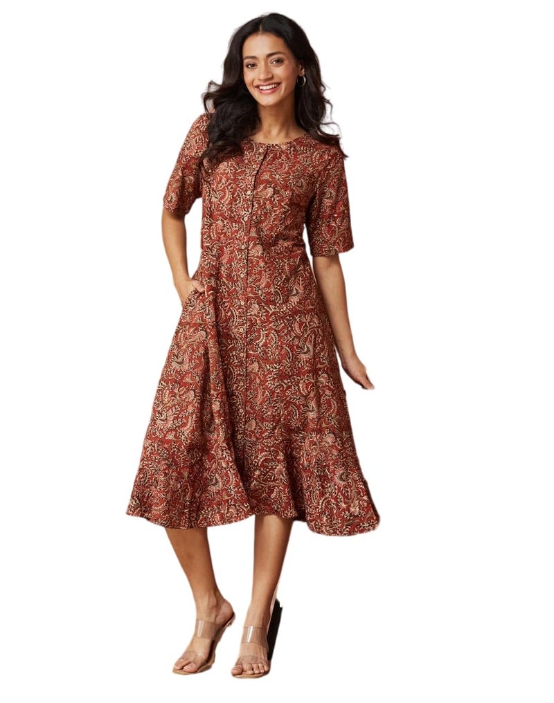 Fabindia Orange Cotton Kalamkari Printed Midi Dress - Image 1