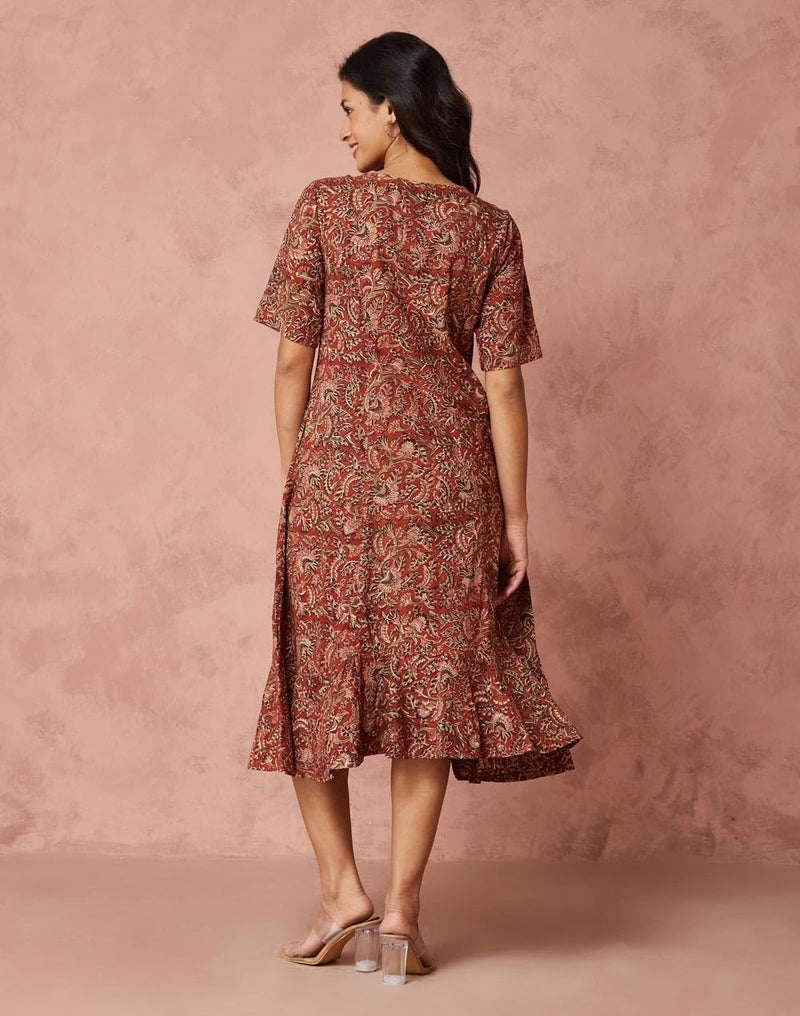 Fabindia Orange Cotton Kalamkari Printed Midi Dress - Image 4