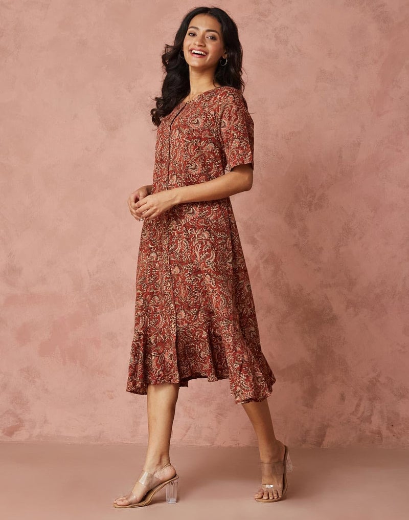 Fabindia Orange Cotton Kalamkari Printed Midi Dress - Image 3