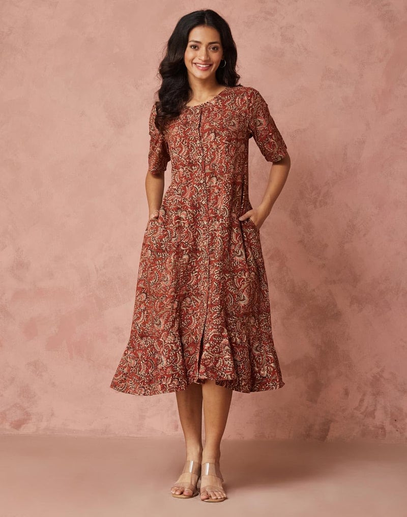 Fabindia Orange Cotton Kalamkari Printed Midi Dress - Image 2