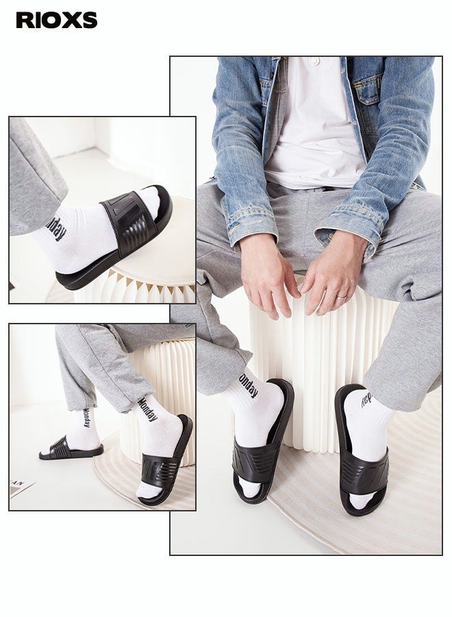 RIOXS Flat Slipper for Men and Women, Anti-slip Quick-Drying Shower Slippers, Open-toed Slide Shoes, Unisex Bath Slippers, Lightweight Comfort Slip Ons Slipper, House Slippers Slides for Bathroom/ Pool/ Beach/ Indoor/ Outdoor, Daily Wearing Slippers, Black Slides - Image 3