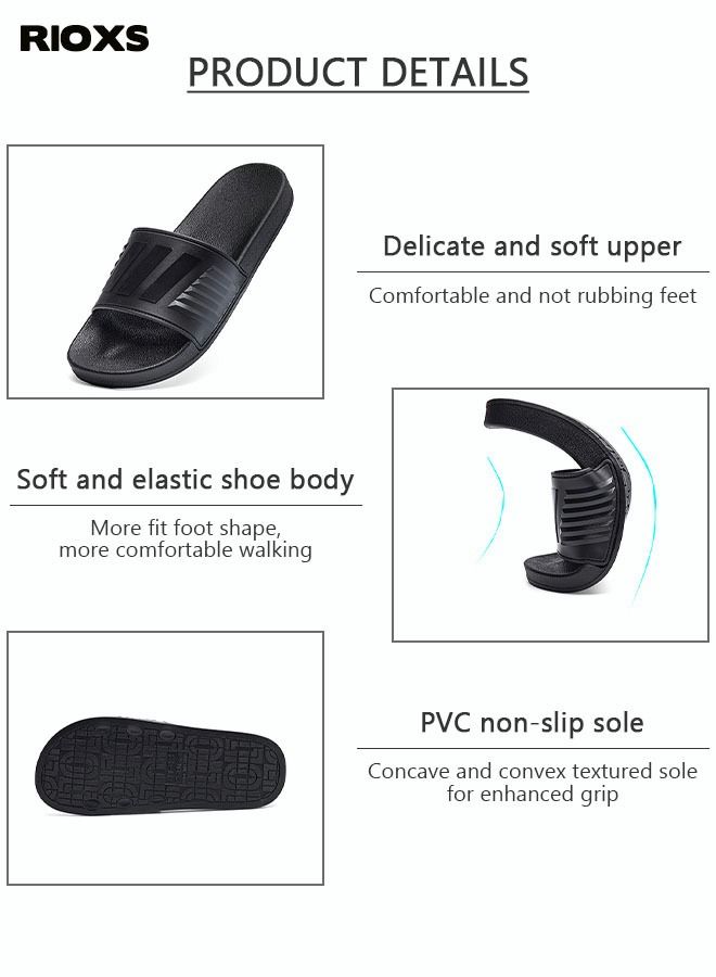 RIOXS Flat Slipper for Men and Women, Anti-slip Quick-Drying Shower Slippers, Open-toed Slide Shoes, Unisex Bath Slippers, Lightweight Comfort Slip Ons Slipper, House Slippers Slides for Bathroom/ Pool/ Beach/ Indoor/ Outdoor, Daily Wearing Slippers, Black Slides - Image 4