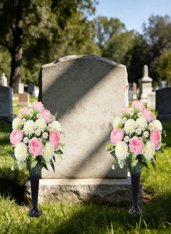 Wocst Cemetery Flowers for Graves 2PCS Grave Roses Silks Bouquets with Vases for Outdoor Grave Decorations Weatherproof,NO-Fading - Image 2