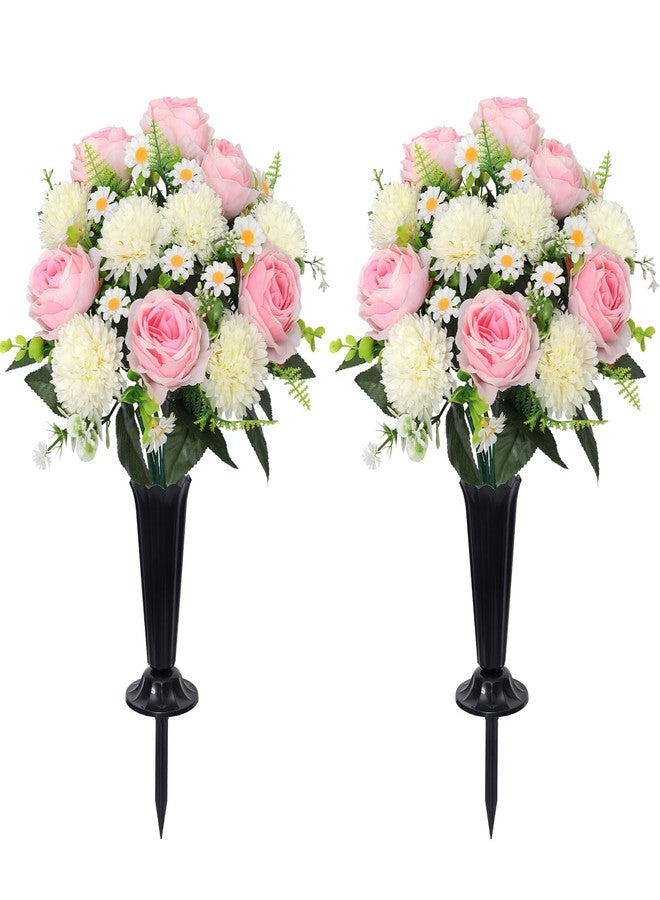 Wocst Cemetery Flowers for Graves 2PCS Grave Roses Silks Bouquets with Vases for Outdoor Grave Decorations Weatherproof,NO-Fading - Image 1