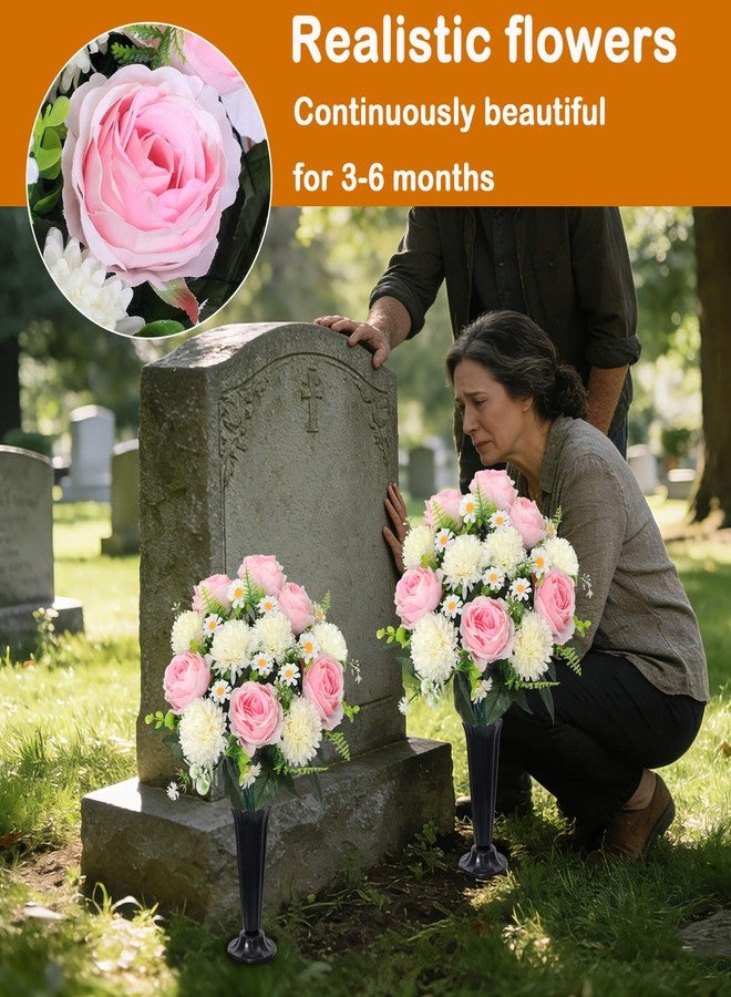 Wocst Cemetery Flowers for Graves 2PCS Grave Roses Silks Bouquets with Vases for Outdoor Grave Decorations Weatherproof,NO-Fading - Image 4