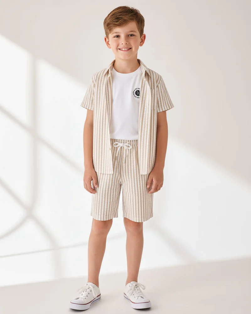 Redtag Boys Beige Striped Seersucker Shirt & Shorts Set (3 Piece)