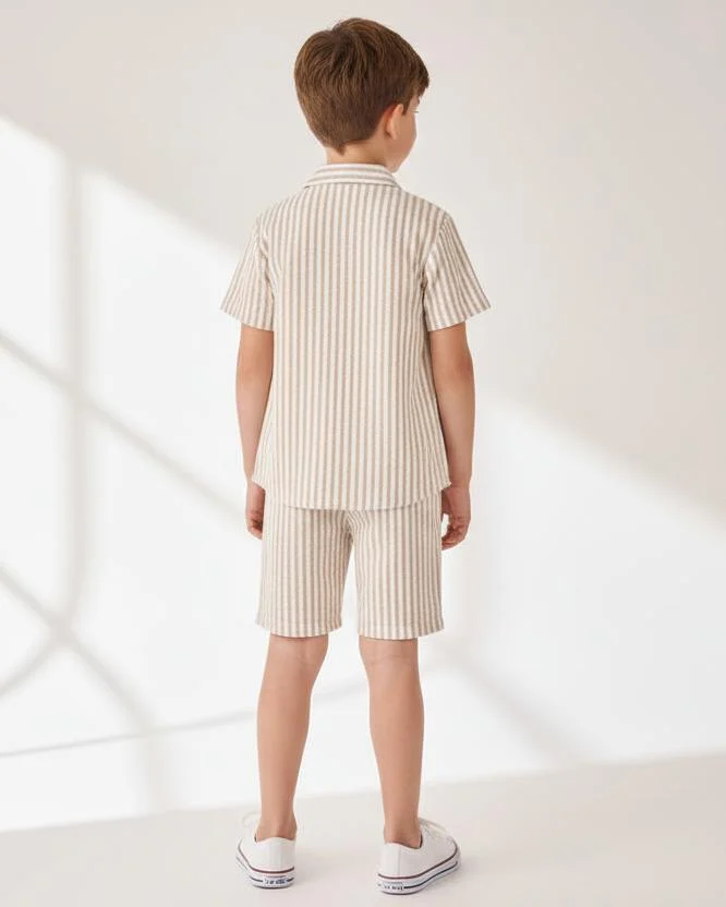 Redtag Boys Beige Striped Seersucker Shirt & Shorts Set (3 Piece)