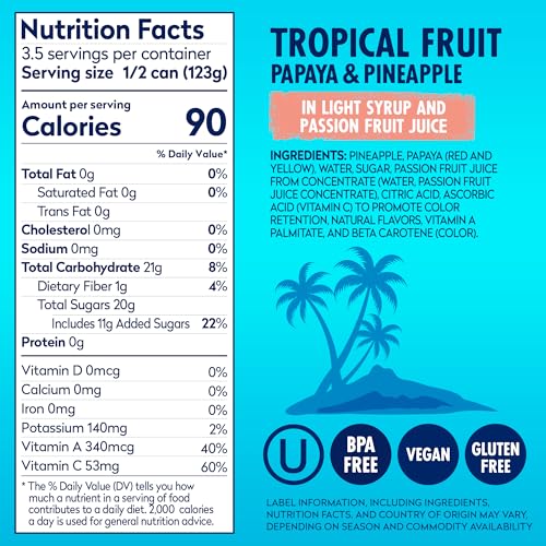 Dole Tropical Fruit in Light Syrup and Passion Fruit Juice - Papaya and Pineapple - 15.25 oz Can - 12 Pack - Image 4