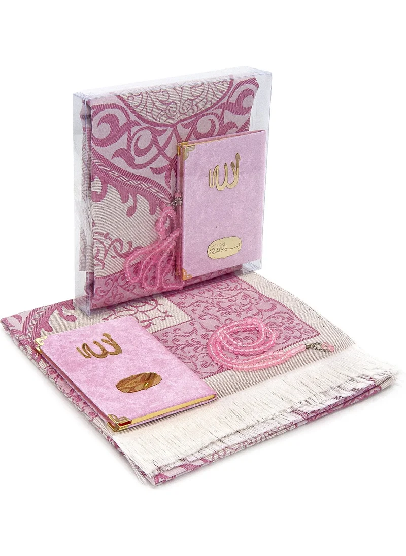 İhvan Online Bag Size Velvet Yasin Book - Prayer Rug - Prayer Beads and Transparent Boxed Mevlid Gift - Pink