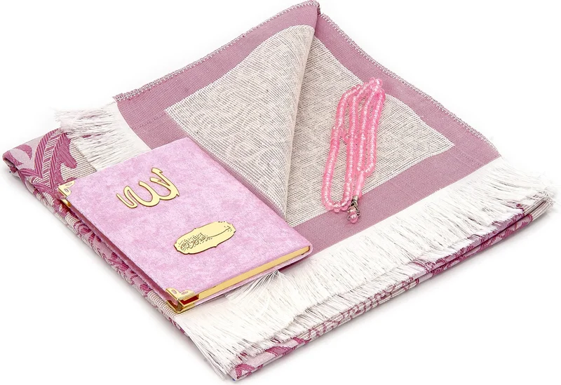 İhvan Online Bag Size Velvet Yasin Book - Prayer Rug - Prayer Beads and Transparent Boxed Mevlid Gift - Pink