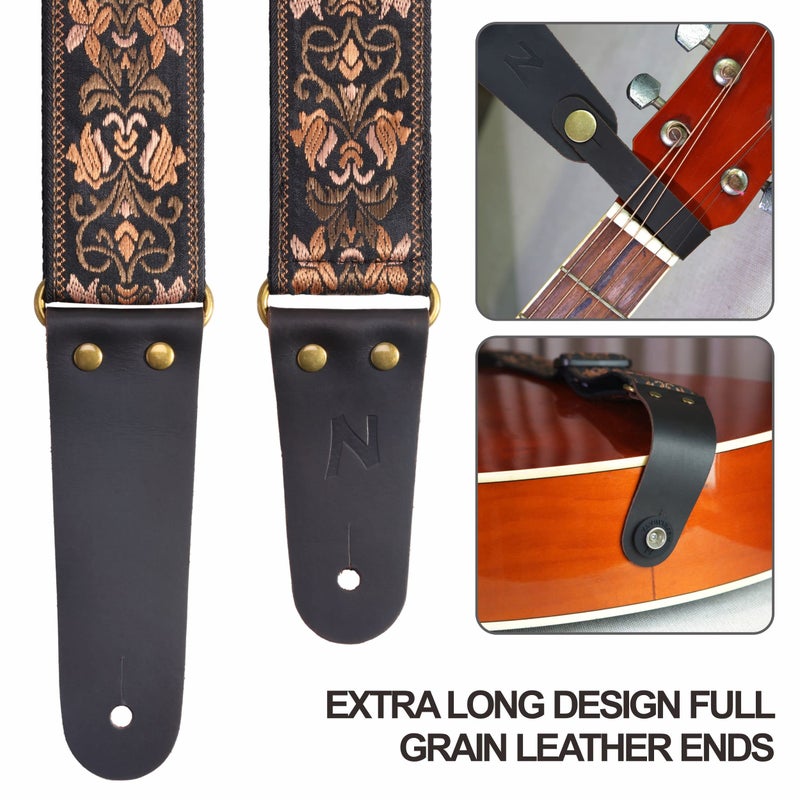 Nefelibata Guitar Strap, 2" Jacquard Embroidery Guitar Straps, Full Grain Leather Ends with Hidden Pocket, for Bass, Electric and Acoustic Guitars, Strap Button, Strap Locks and Guitar Picks - Image 3