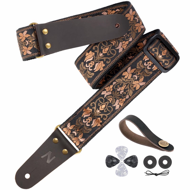 Nefelibata Guitar Strap, 2" Jacquard Embroidery Guitar Straps, Full Grain Leather Ends with Hidden Pocket, for Bass, Electric and Acoustic Guitars, Strap Button, Strap Locks and Guitar Picks - Image 1