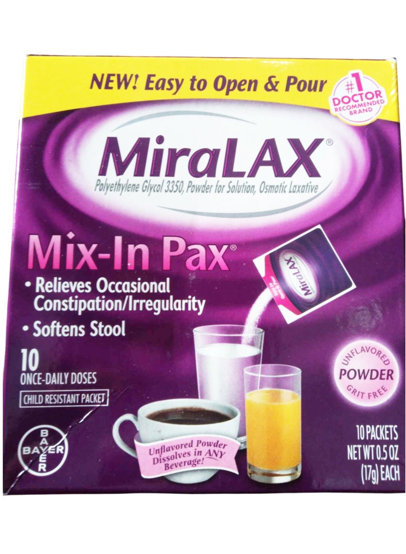MiraLAX ميكس إن باكس لتخفيف الإمساك، بدون نكهة، 10 عبوات 17 جرام لكل منها - Image 2