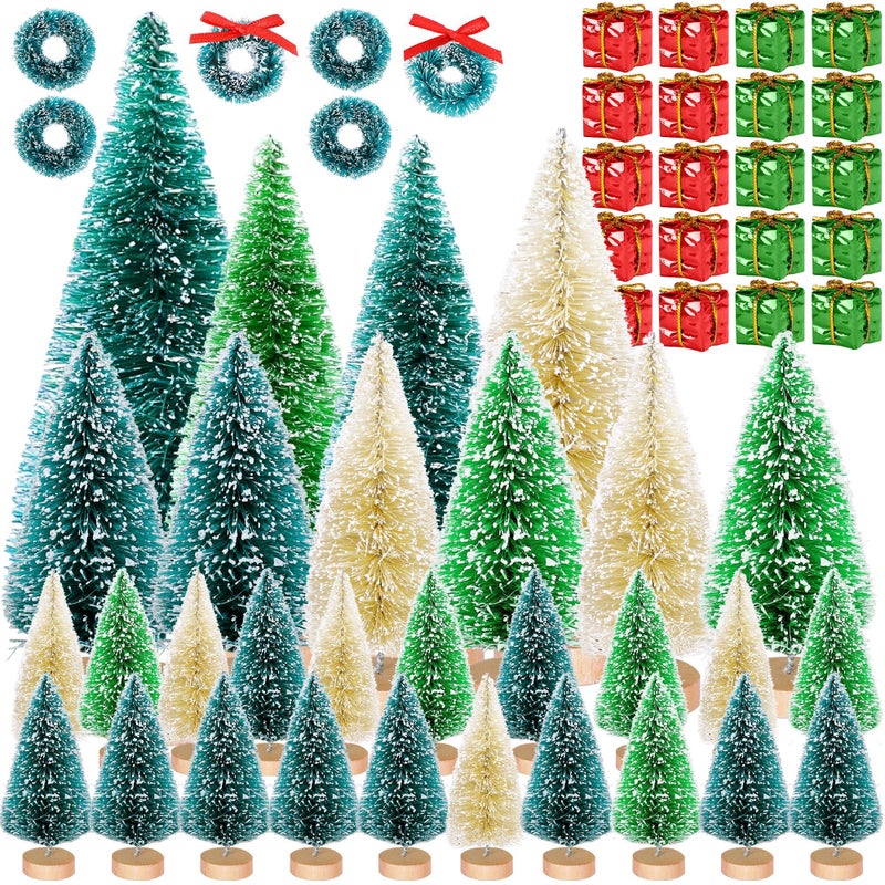 Iceyyyy 56 Pcs Artificial Mini Christmas Trees Set  Miniature Sisal Frosted Christmas Trees Bottle Brush Trees for DIY Crafts Home Table Top Decor