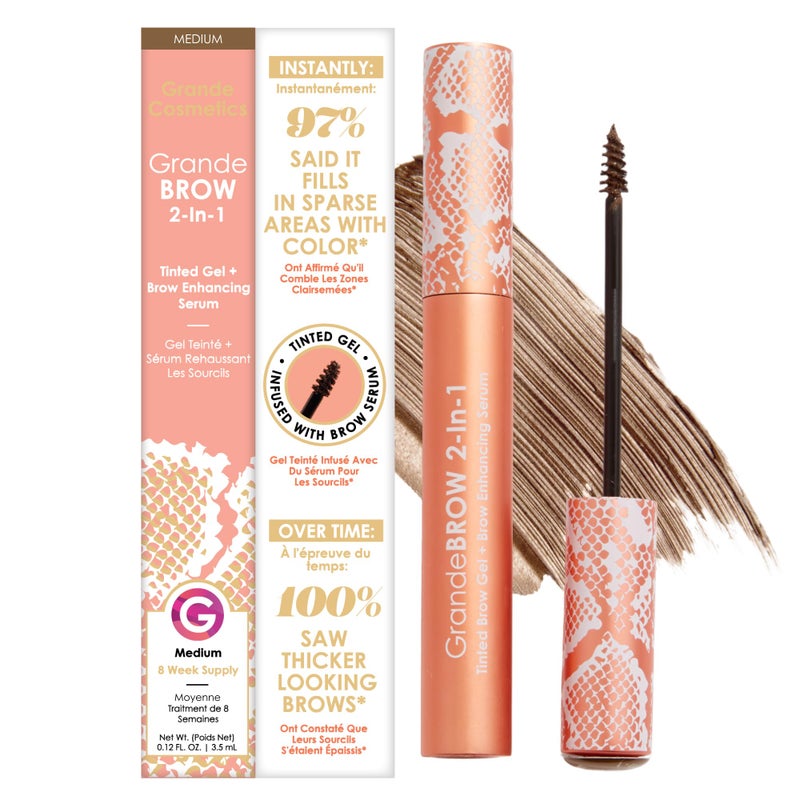 Grande Cosmetics جل الحواجب الملون 2 في 1 من غراند كوسميتيكس + سيروم تعزيز الحواجب، متوسط - Image 1